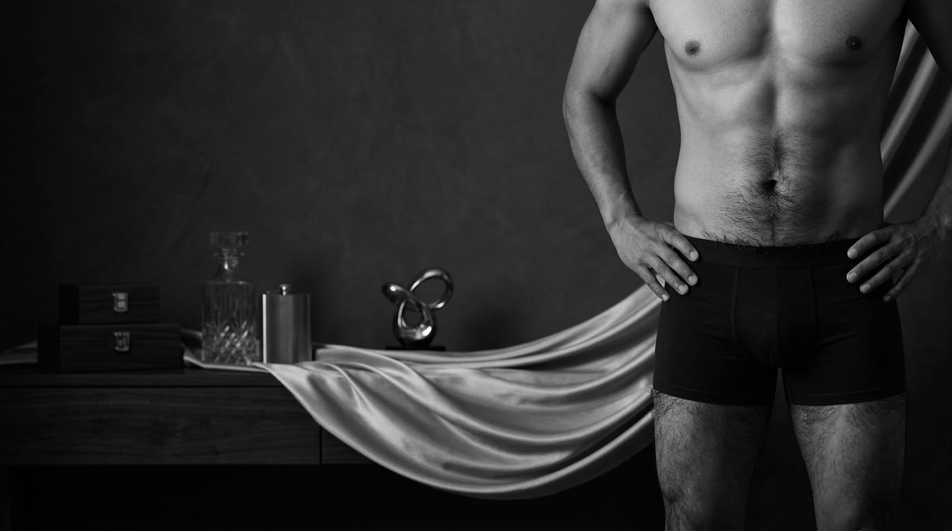 Zona genital masculina antes de depilación láser: vello en abdomen bajo, ingles y muslos, recreación ilustrativa en blanco y negro
